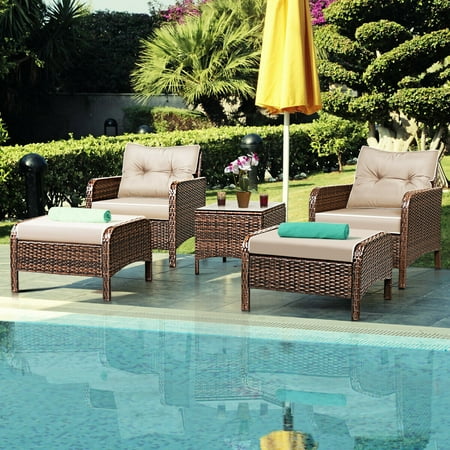 Garden Furniture Diy Costway 5 PCS Rattan Wicker Furniture Set Sofa Ottoman W/Brown Cushion Patio Garden Yard ()