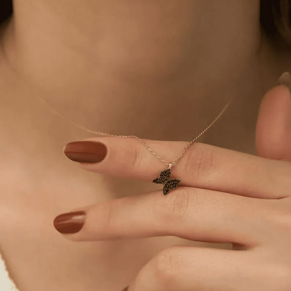 Round Cut Black Onyx Tiny Butterfly Necklace in 14k Rose Gold Finish - Valentines day Gift For Her