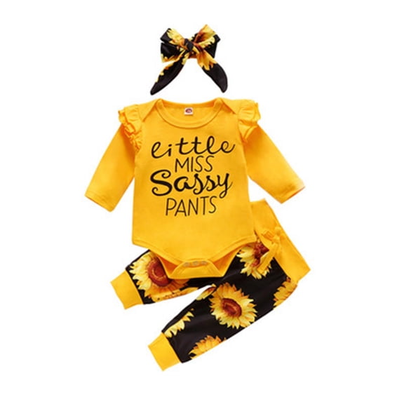 Elainilye Baby Girl Flying Sleeve Sunflower Print Trousers Long Sleeve Headband Suit 2 Piece Outfits Sizes 0-24M,Yellow