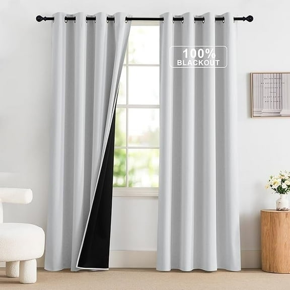 NICETOWN Full Blackout White Curtain, 100% Blackout Curtains Thermal Insulated Noise Reducing Curtains Grommet Energy Efficiency Drapes for Living Room, Greyish White, 52"x84", 2 Panels