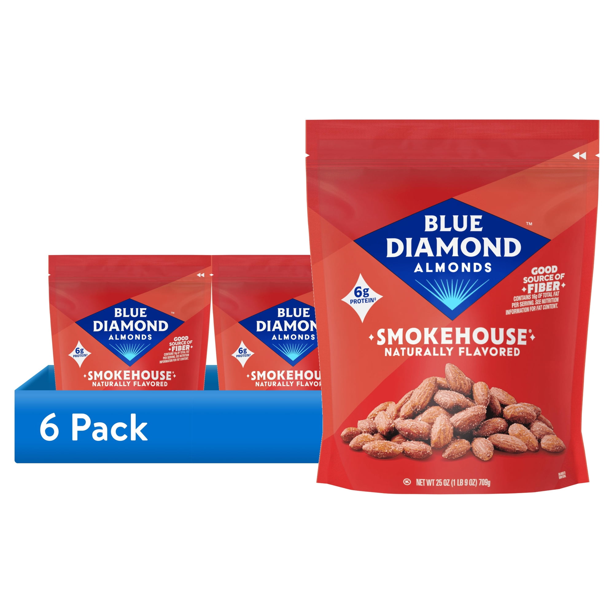 (6 pack) Blue Diamond Almonds, Smokehouse Flavored Snack Nuts for Healthy Snacking, Lunch, On-the-go, 25 oz.