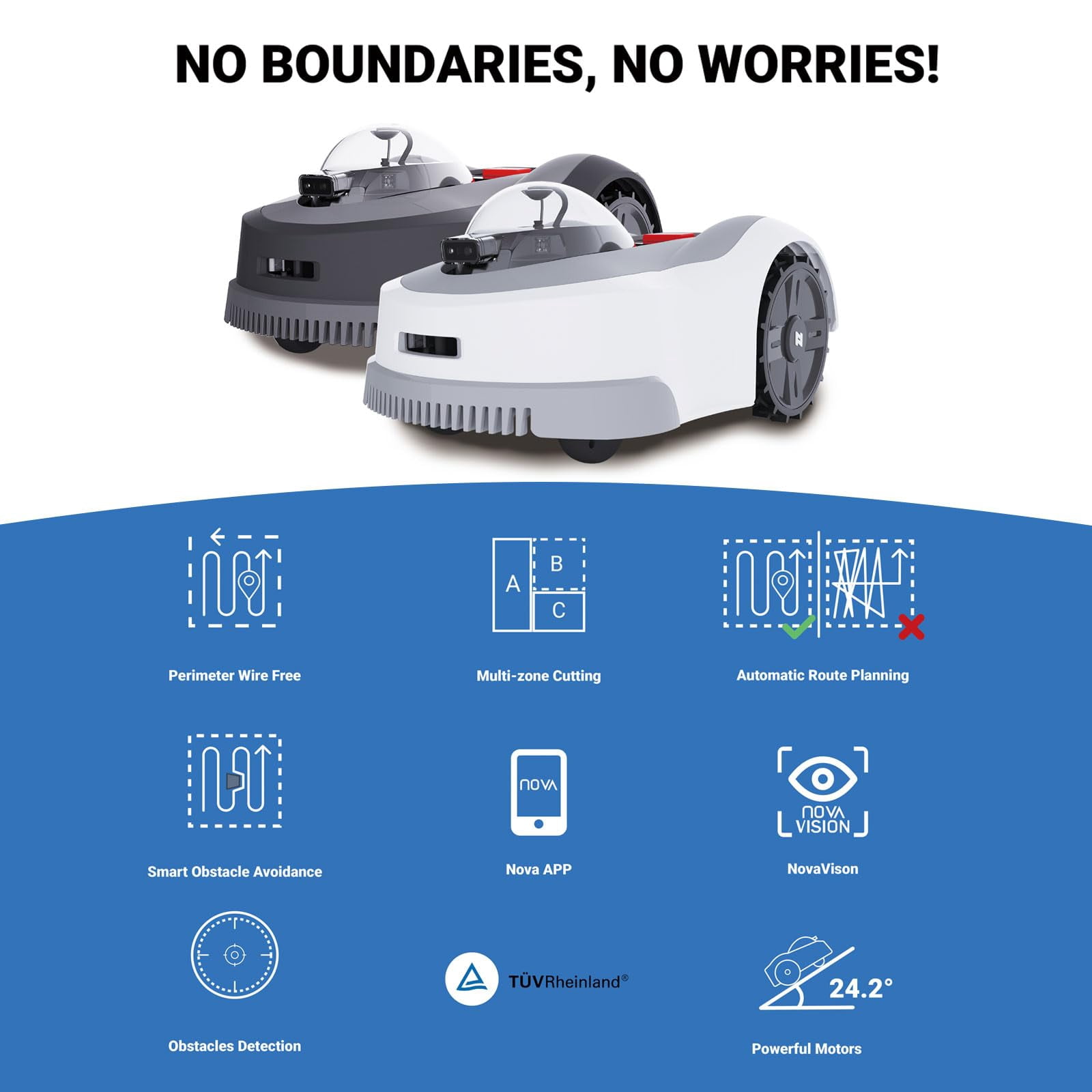 NOVABOT N1000 Robot Lawn Mower Perimeter Wire Free RTK+TOF+Vision Robotic Lawn Mower for 0.75 Acres Cut Height 0.8"-3.5" Adjustable APP Control AI-Assisted Mapping Multi-Zone Manage
