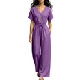 thumbnail image 2 of Sunnin Women Wide Leg Long Pants with Pockets V Neck Drawstring Waist Casual Loose Jumpsuit Pants for Women, 2 of 6
