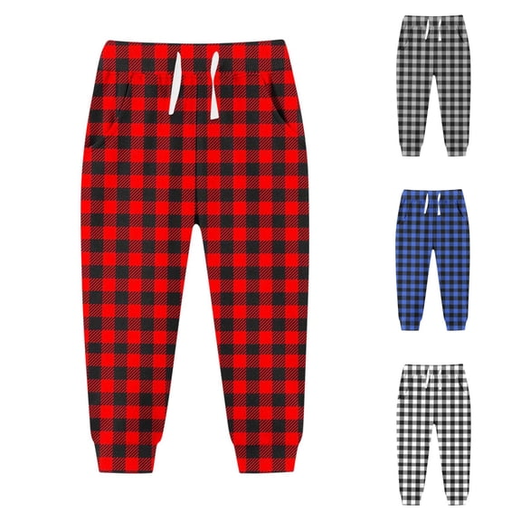 SROBPTY Fall Winter Teens Boys Girls Sweatpants Print Elastic Waist Plaid Drawstring Fleece