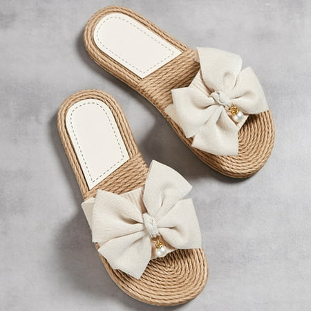 

AXXD Women Beige Sandals Clearance Under $10 Summer Woven Flip-flops With Pearl Bow Flat Beach Sandals