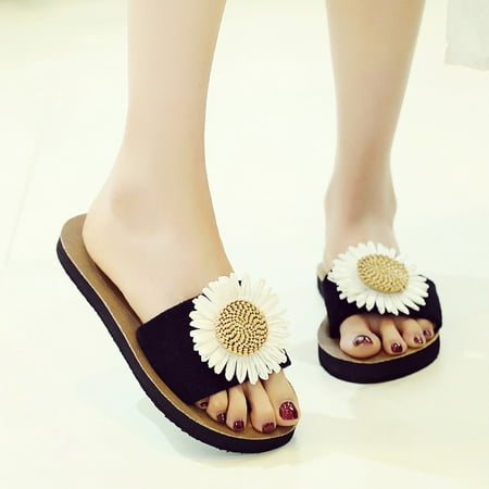 

YTJX Women Flock Beach Breathable Flowers Sandals Home Slipper Flip-Flops Flat Shoes