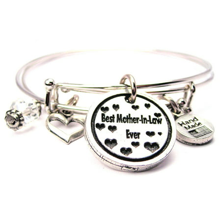 Best Mother In Law Ever With Hearts Bangle Expandable Bangle Bracelet Set, Fits 7.5 wrist,
