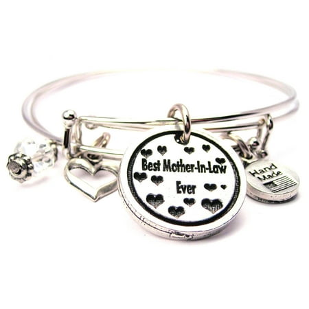 Best Mother In Law Ever With Hearts Bangle Expandable Bangle Bracelet Set, Fits 7.5 wrist, (Best Dress Fit For Chubby)