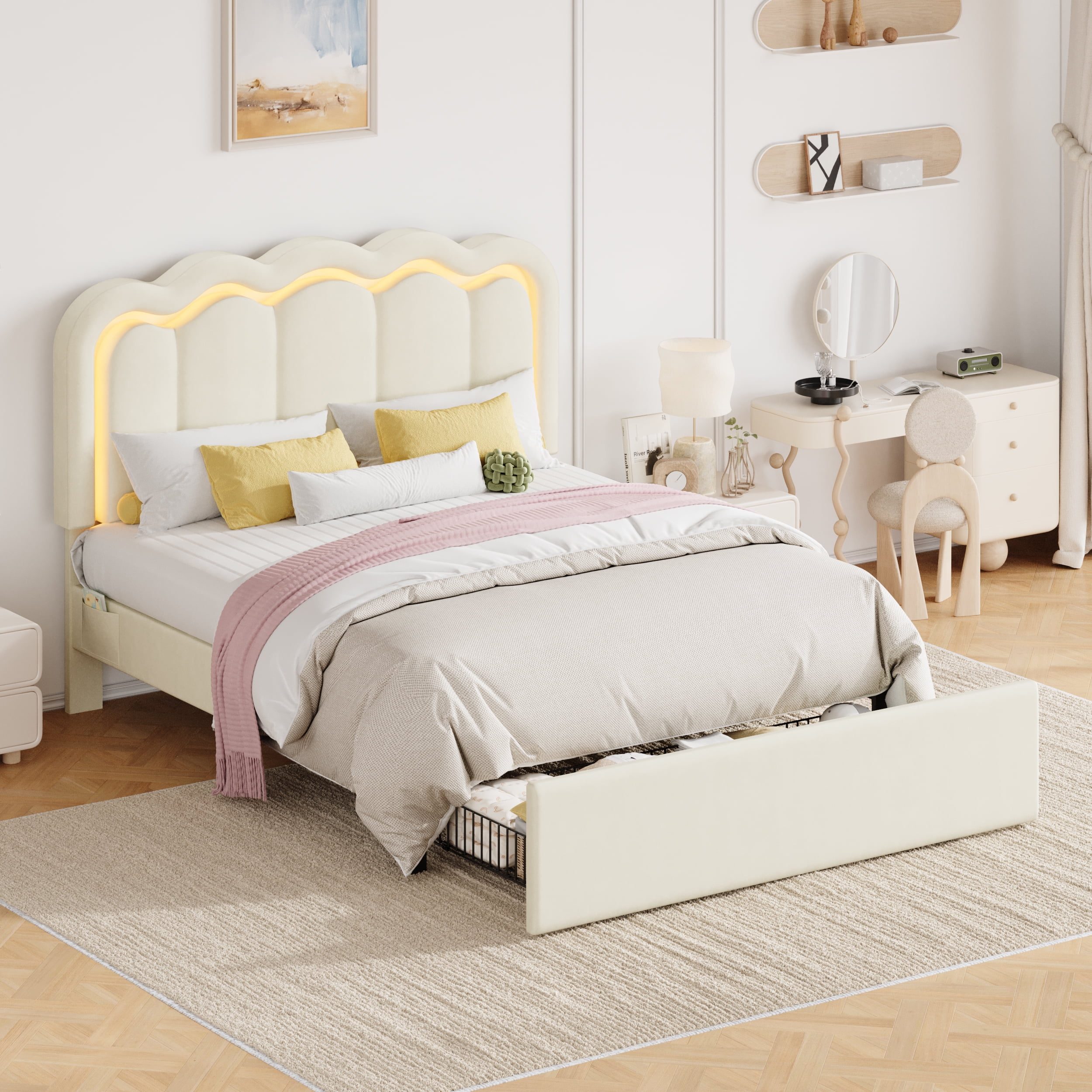 Amolife Queen Size LED Bed Frame with Drawer, Platform Bed with Velvet Upholstered Adjustable Wavy Headboard, Cream