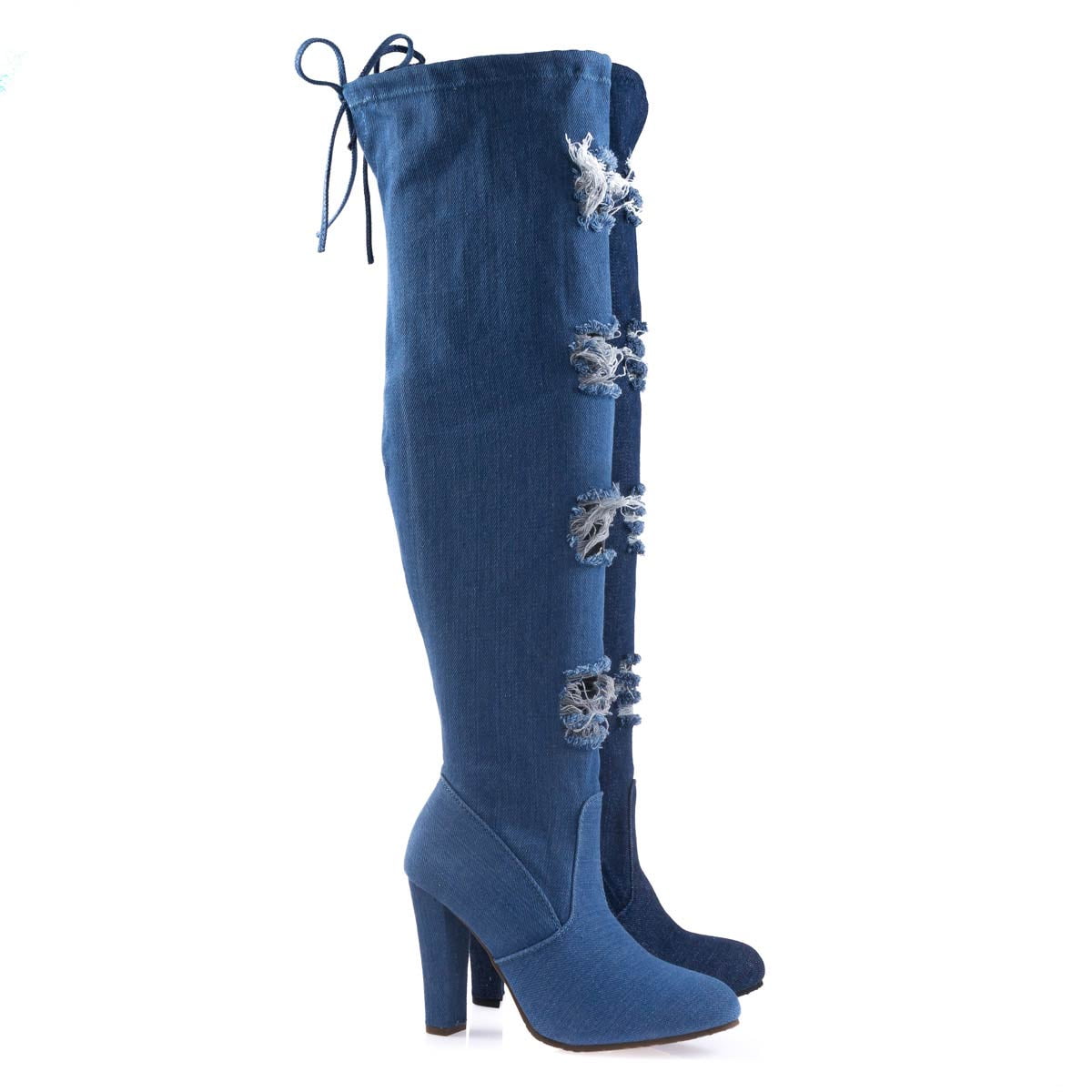 distressed denim thigh high boots