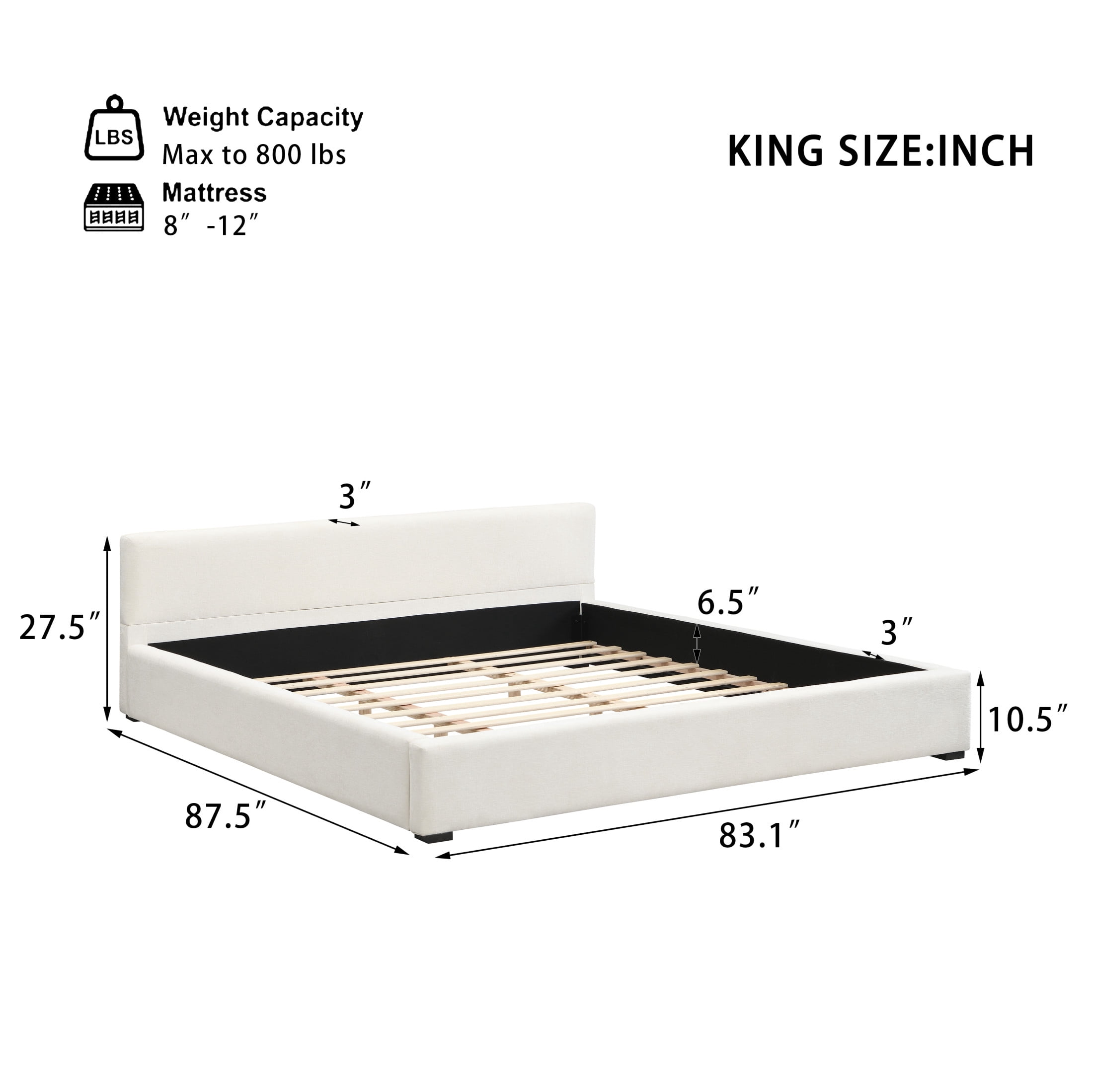 Christopher Knight Home King Size Upholstered Platform Bed with Headboard, Solid Wood Frame, Beige
