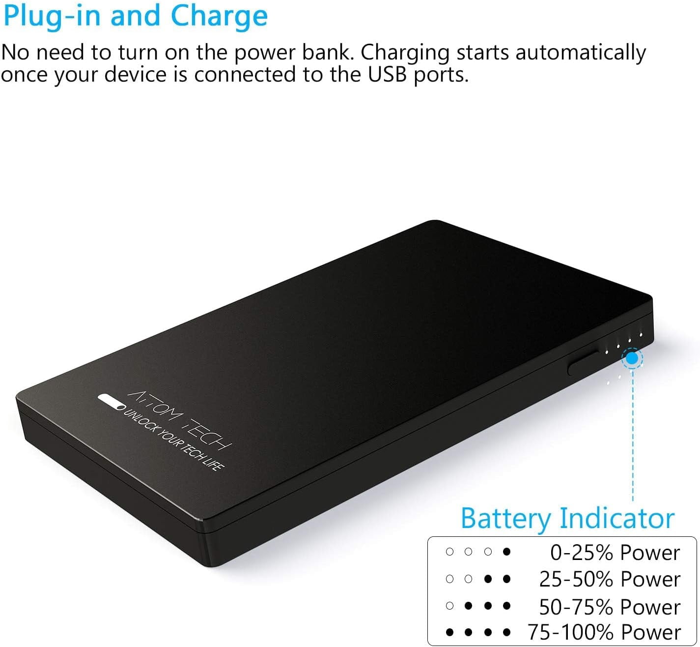 Dual USB Output Super Slim Power Bank Ultra Thin 3000mAh Portable Charger Mini External Phone Battery Pack Small Outlet Emergency Backup (Black)