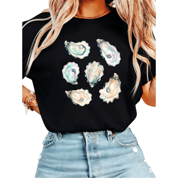 UNISHE Women's Watercolor Pastel Oyster Shell Cluster Coastal Beach Graphic Short Sleeve T-Shirt Comfortable Crewneck Top