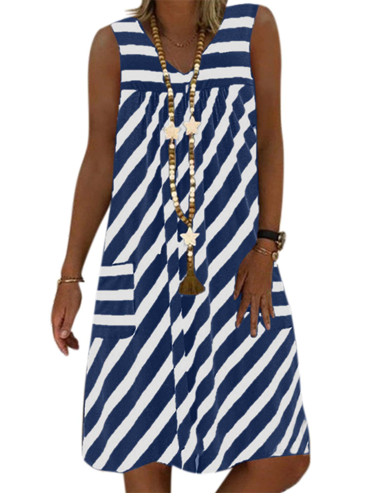 Womens Sleeveless Striped Plus Size Pockets Midi Dress Summer Beach