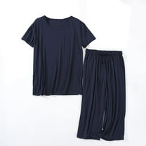 SWSMCLT Men's Short Sleeve Pajama Set Lounge Sleeping Pj Set Soft Capri Pajamas Short Casual Capri Loose Cool Navy Large