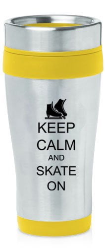 Yellow 16oz Insulated Stainless Steel Travel Mug Z1393 Keep Calm and Skate On Ice Skates by