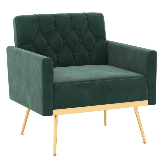Costway Fauteuil d'Appoint Moderne en Velours avec Dossier Capitonné, Pattes en Métal Doré et Patins, Vert Foncé