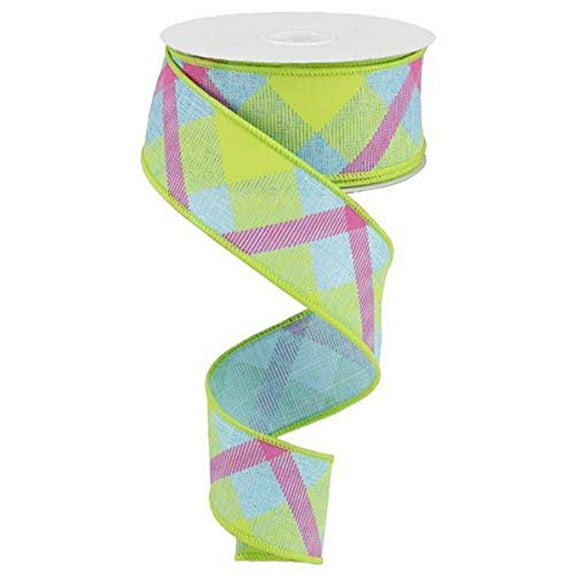 Blue, Lime, Hot Pink Plaid Canvas Wired Edge Ribbon | 1.5 Inches x 50 Yards