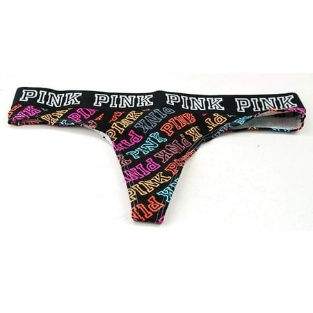 Victoria s Secret Pink Cotton Thong Panty Multicolor Logo Graphic Print Size Large NWT