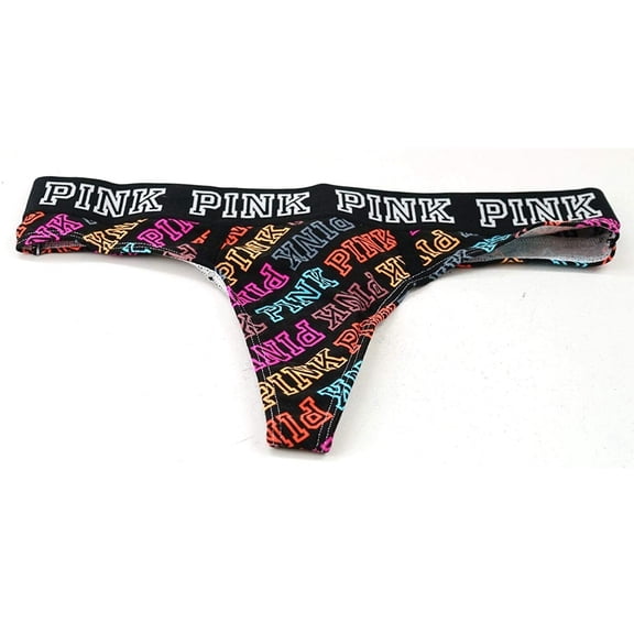 Victoria's Secret Pink Cotton Thong Panty Multicolor Logo Graphic Print Size Large NWT