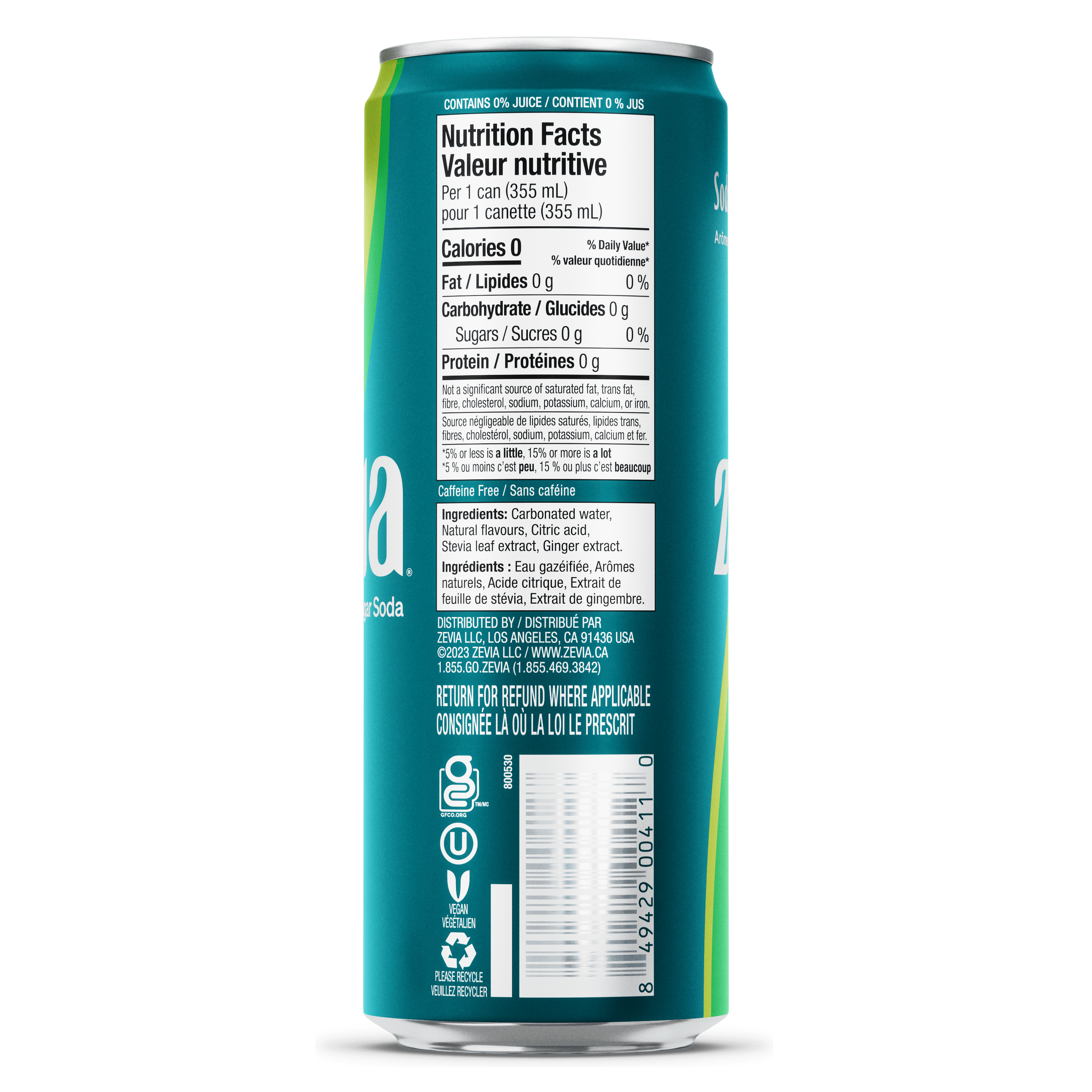 Zevia Ginger Ale Sleek 355 ml, Ginger Ale 355 mL