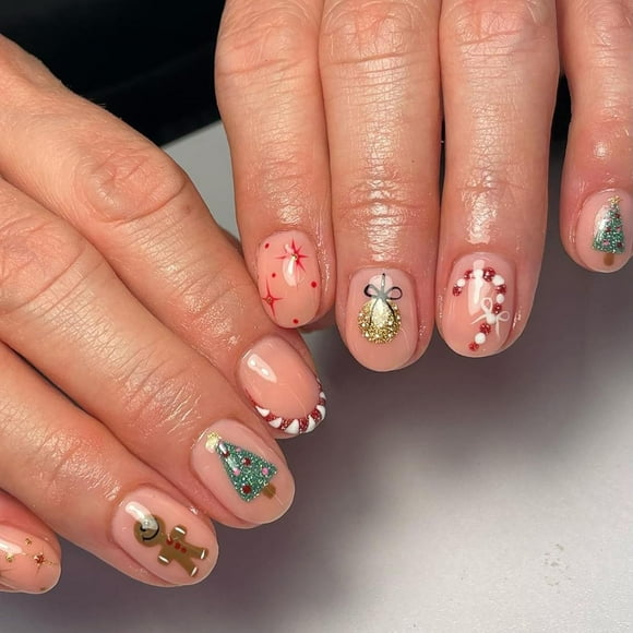 Christmas Press on Nails Short Round Winter Fake Nails Full Cover Pink Candy Cane Xmas Tree False Nails with Designs Gingerbread Glossy Glue on Nails Cute Acrylic Artificial Nails for Women Girls
