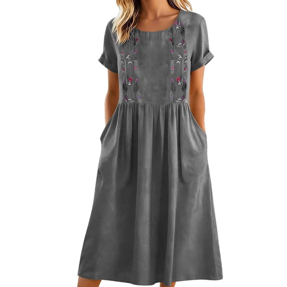 Fewfanhot Women Dresses Floral Embroidered Traditional Fiesta Summer V-Neck Short Sleeve Pocket Long Dress