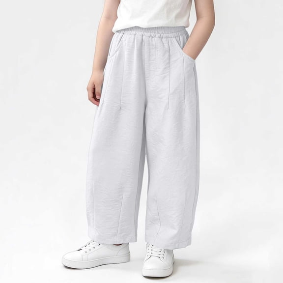 Kids Summer Wide Leg Pants Elastic Waist Oversized Casual Lightweight Breathable Trousers with Pockets Beige Girls Tapered Leg Pant 5-6Y