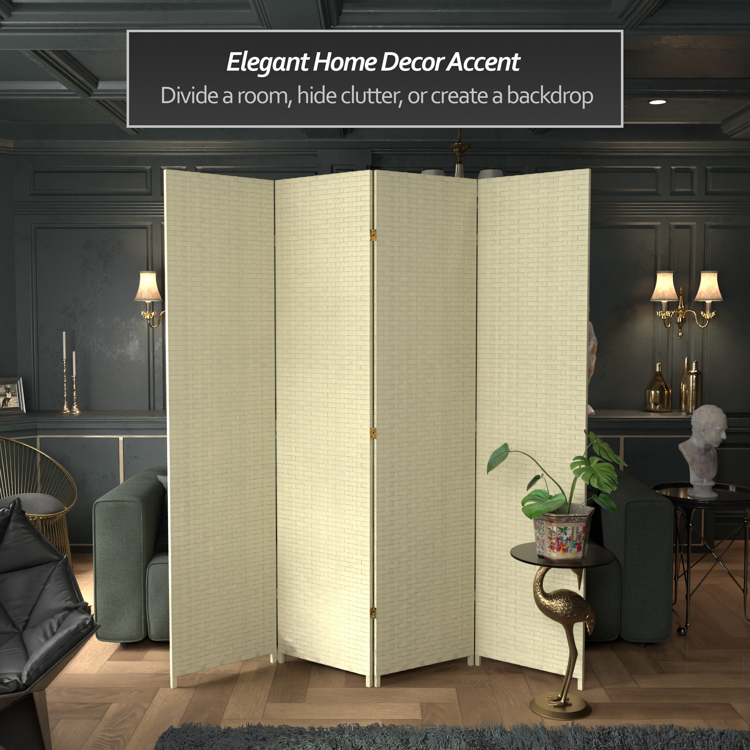 Red Lantern 7 ft. Tall Woven Fiber Folding Screen - Cream - 4 Panel