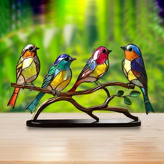 Stained Birds on Branch Desktop Ornaments Table Art Home Room Decor