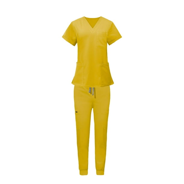 Uniformes Conjunto de trabajo Ropa de trabajo Enfermera Top Pantalones Manga corta Trajes de trabajo de enfermería, Amarillo S