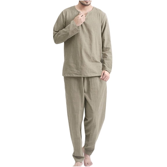 BONIXOOM Pajamas For Men Christmas Pajamas Loungewear None Long Sleeve Sleepwear Sets Solid Khaki L