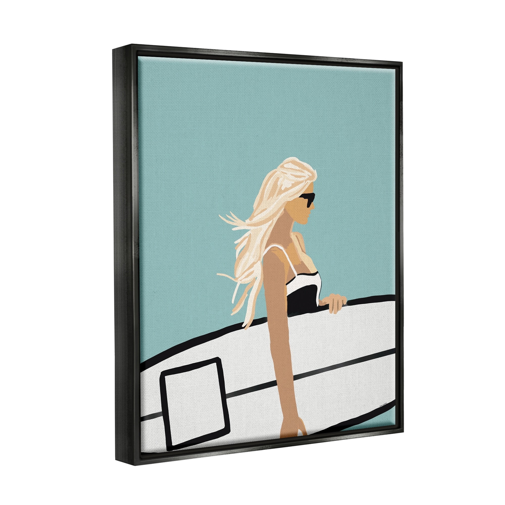 Stupell Industries Woman Carrying Surf Board Windblown Beach Hair Graphic Art Jet Black Floating Framed Canvas Print Wall Art, Design by Amelia Noyes