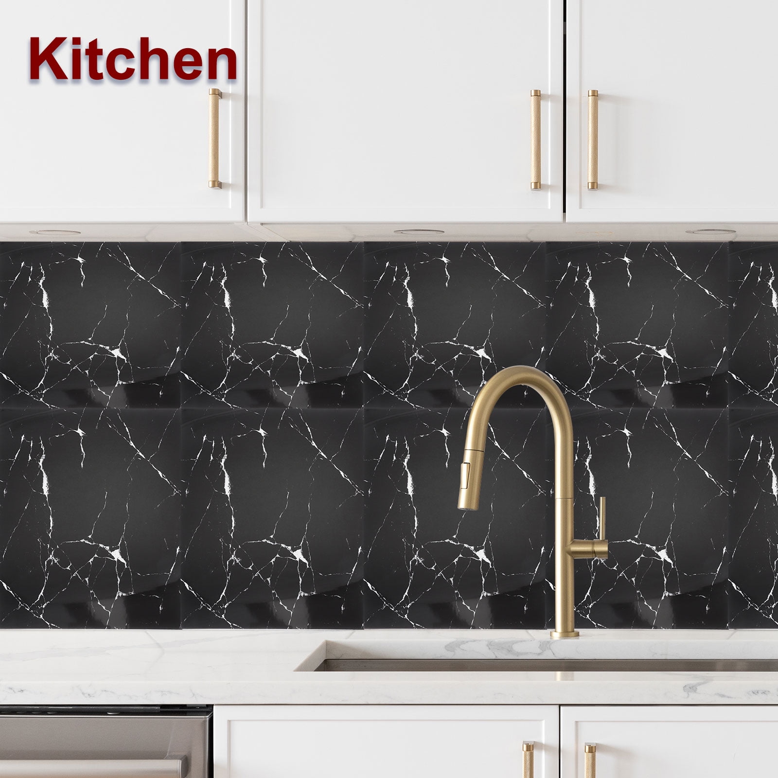 Uxcell 20Pcs Peel and Stick Marble Tiles, Waterproof Wall Panel Backsplash, 11.81"x11.81" Peel and Stick Shower Tiles for Bathroom, Black and White Root Design