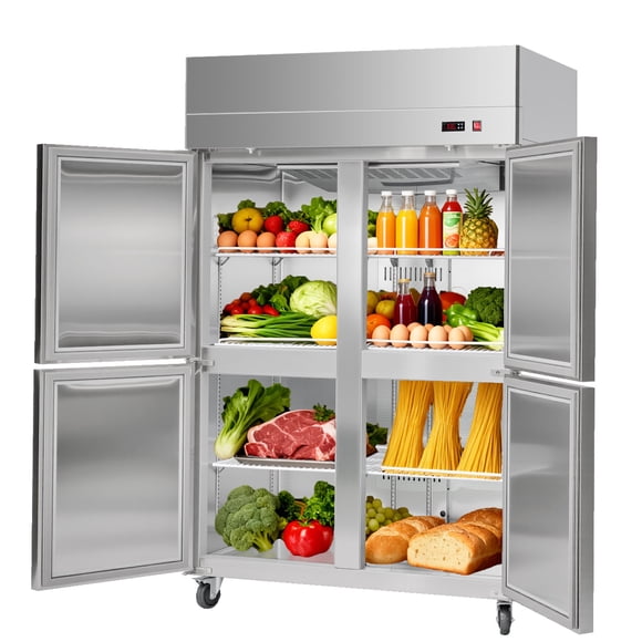 KFFKFF Commercial Reach-In Refrigerator 48" W, 32 Cu.Ft Stainless Steel Upright Refrigerator with 4 Doors, Auto-Defrost, 6 Adjustable Shelves