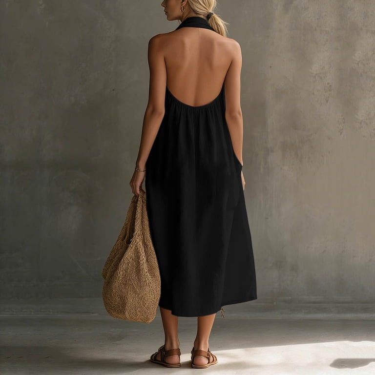 Miluxas Womens Halter Backless Maxi Dress Summer Sleeveless V Neck A Line Long Dresses with Pockets Y2k Going Out Dress Beach Vacation Outfits Black,