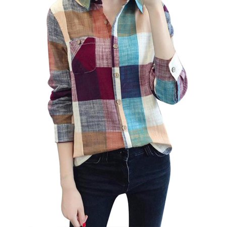 Women Casual Button Down Lapel Shirt Plaids & Checks Flannel Shirts Tops Blouse