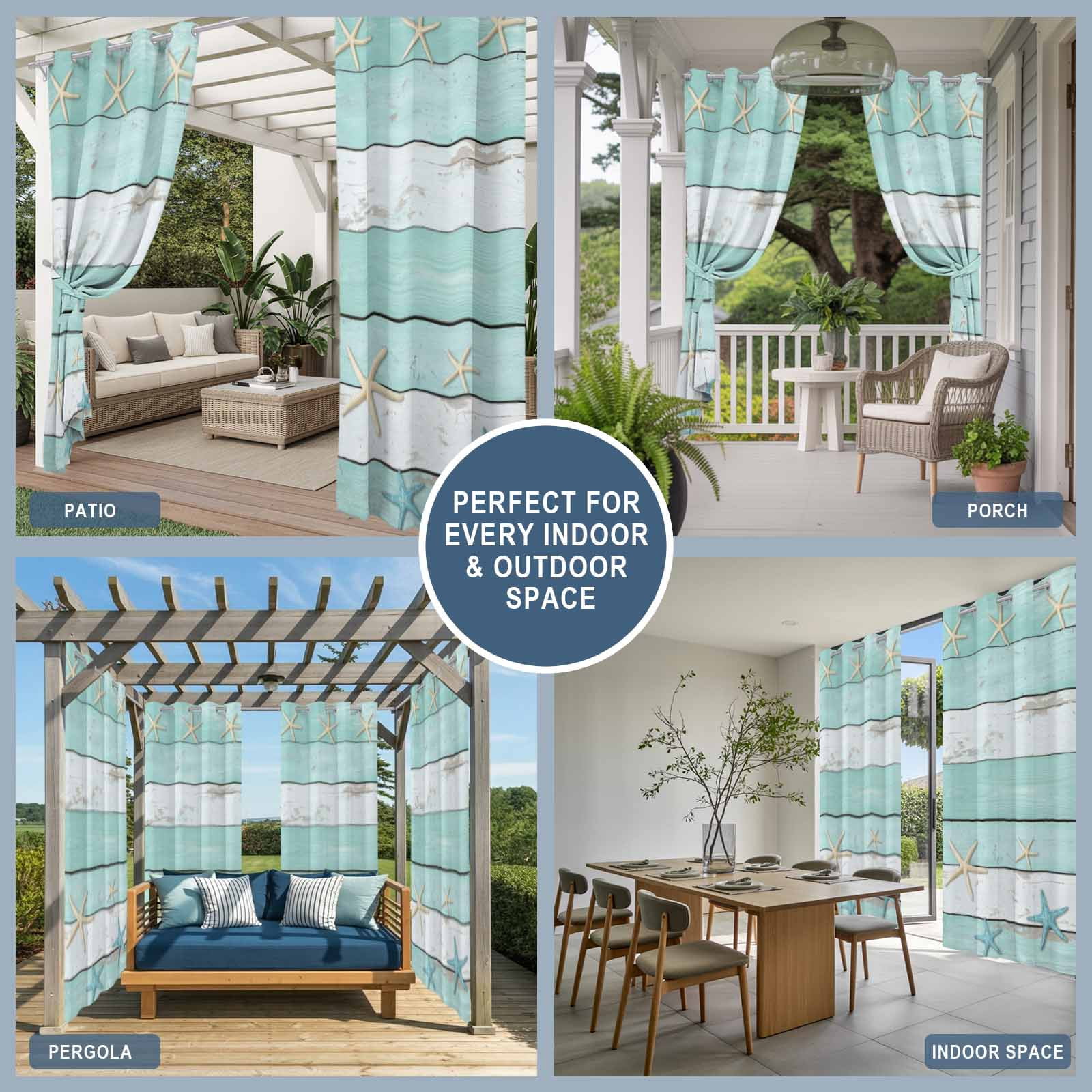 Summer Beach Theme Outdoor Curtains for Patio, Teal and White Wood Grain Beige Starfish Sunshade Privacy Drapes Grommet Waterproof Outside Curtains for Porch/Cabana/Balcony 54"x 108", 1 Panel