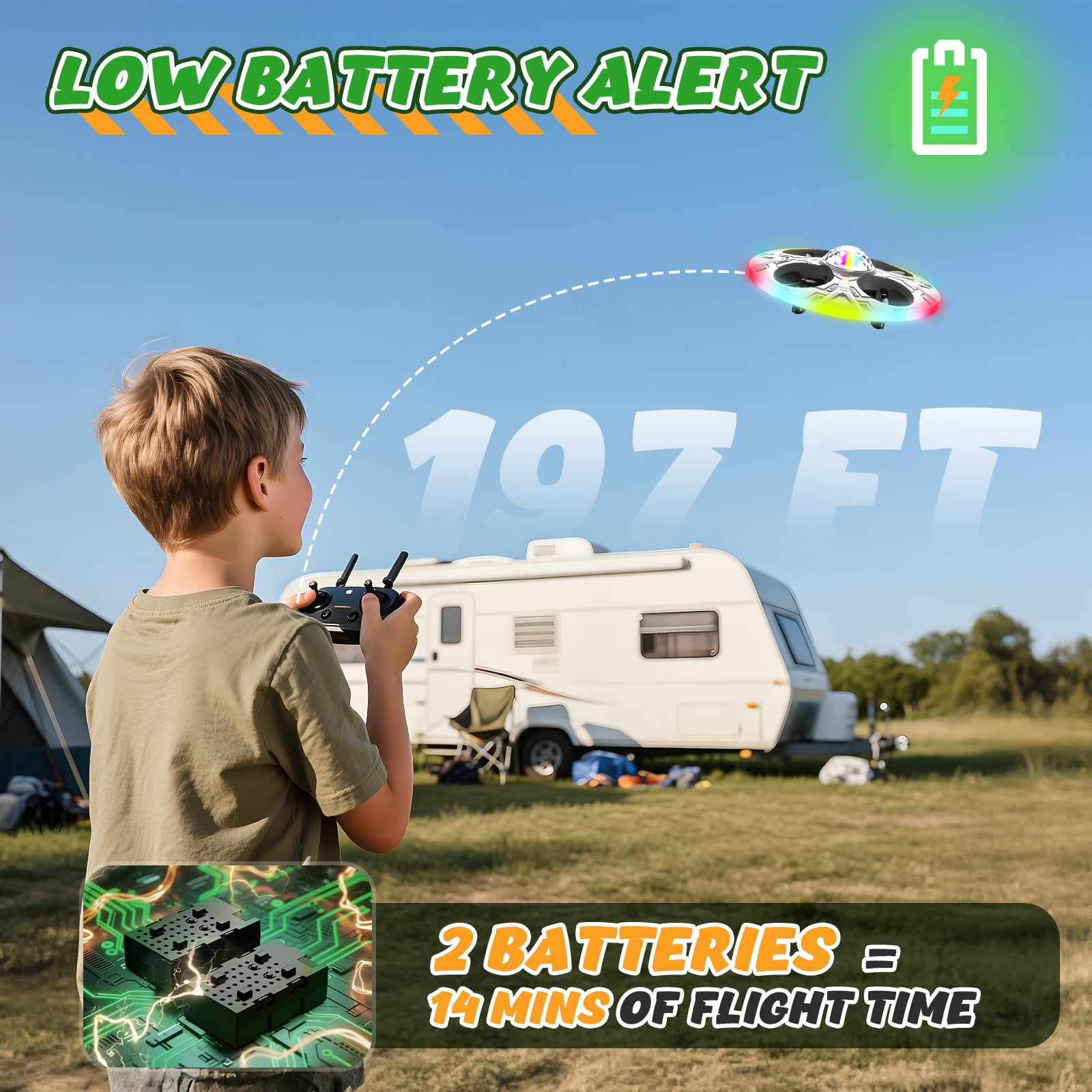 Mini UFO Drone for Kids – RC Plane Flying Airplane Toy Remote Control Helicopter with LED Lights, Auto Hover, 2 Batteries(14 Min Flight)