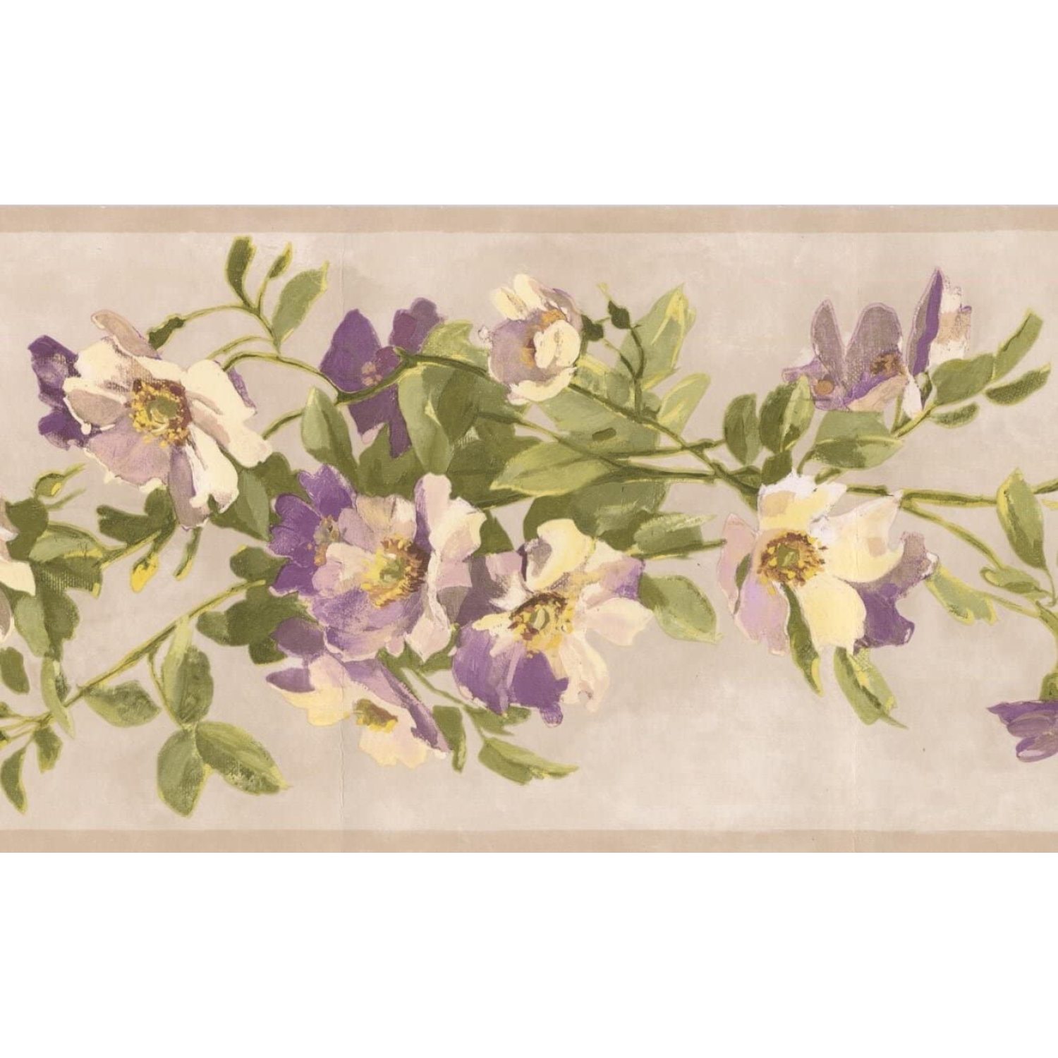Yellow Beige Purple Flowers on Vine Ivory Wallpaper Border Retro Design