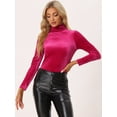 thumbnail image 3 of Blusa básica Allegra K de cuello alto de terciopelo elástico Rosa Caliente M, 3 of 6