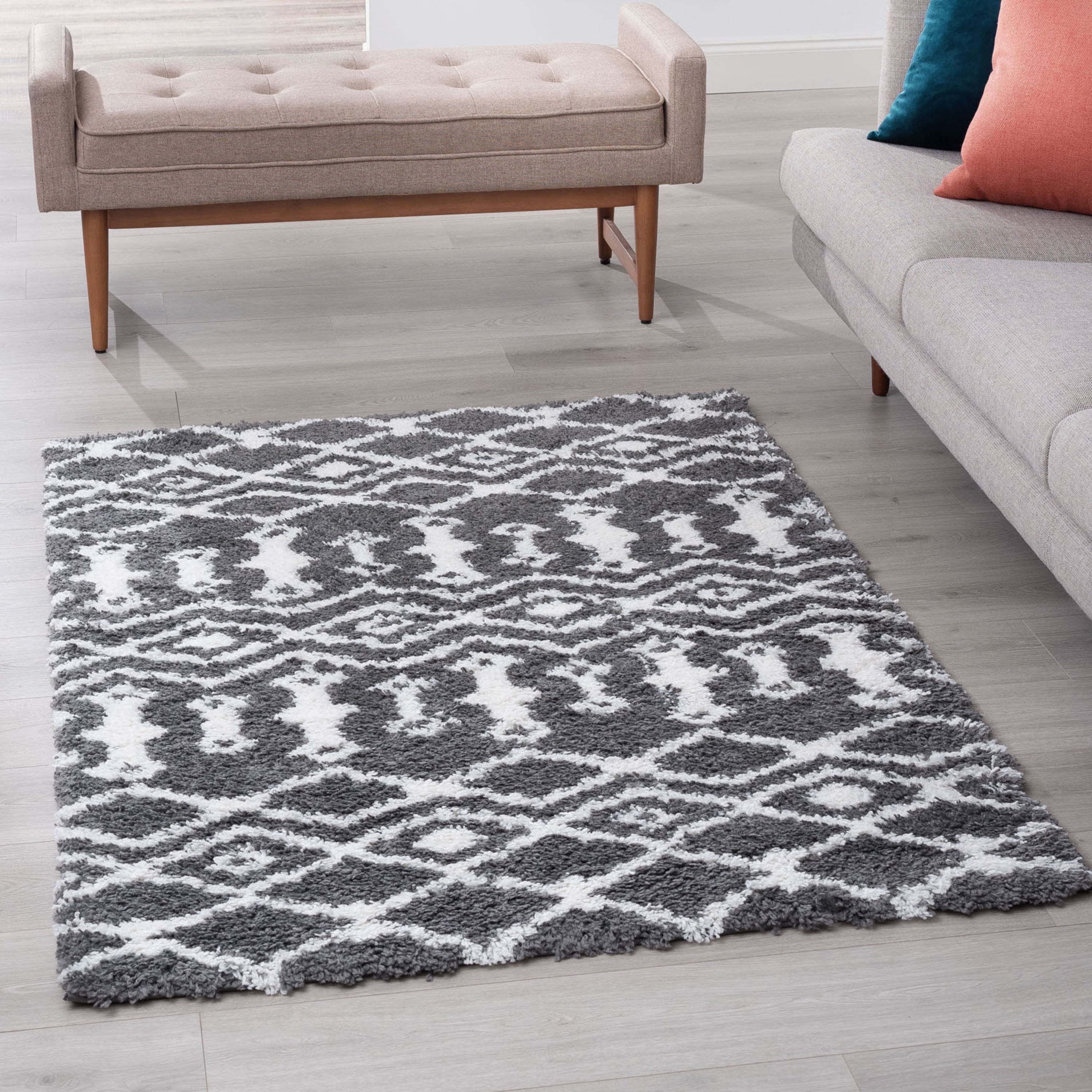 Jersey Shag Contemporary Geometric Gray and White Polypropylene Indoor Area Rug, 3'x5' Rectangle