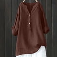 thumbnail image 2 of YDFCWXW Women's Linen Button-Down Shirt - Trendy V-Neck 3/4 Sleeve Tunic Top, Casual Blouse and Dressy T-Shirt (Coffee, S), 2 of 4