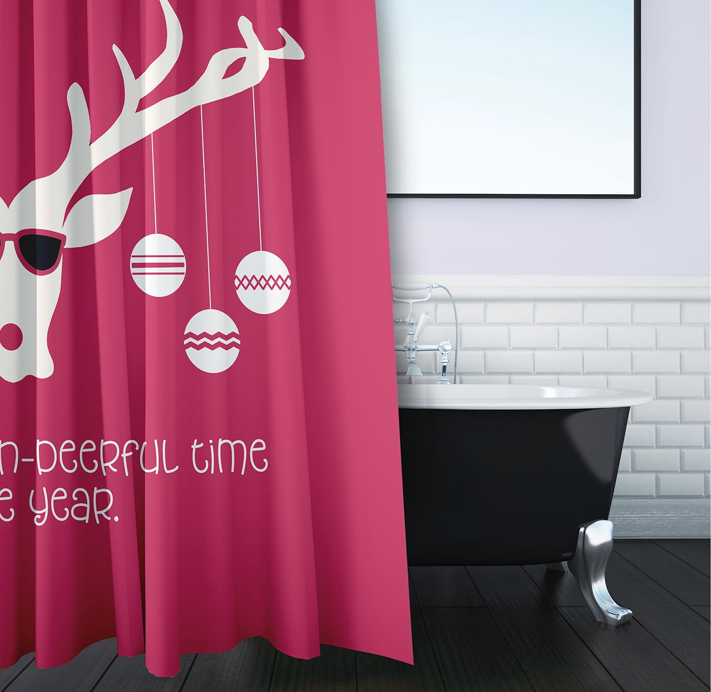 Simply Daisy 70" W x 73" L Cool Christmas Deer Polyester Shower Curtain, Holiday Pink [1 Ct]