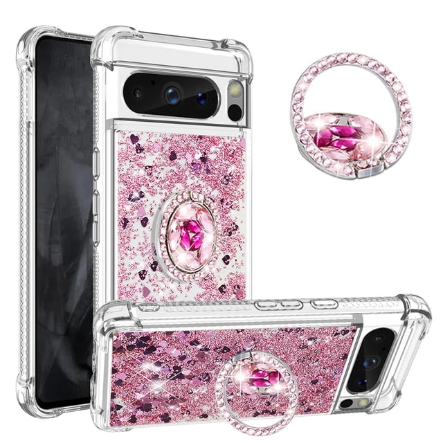 Funda para Google Pixel 8 Pro 5G con Brillo Líquido Flotante, Purpurina, Parachoques y Anillo Giratorio Soporte