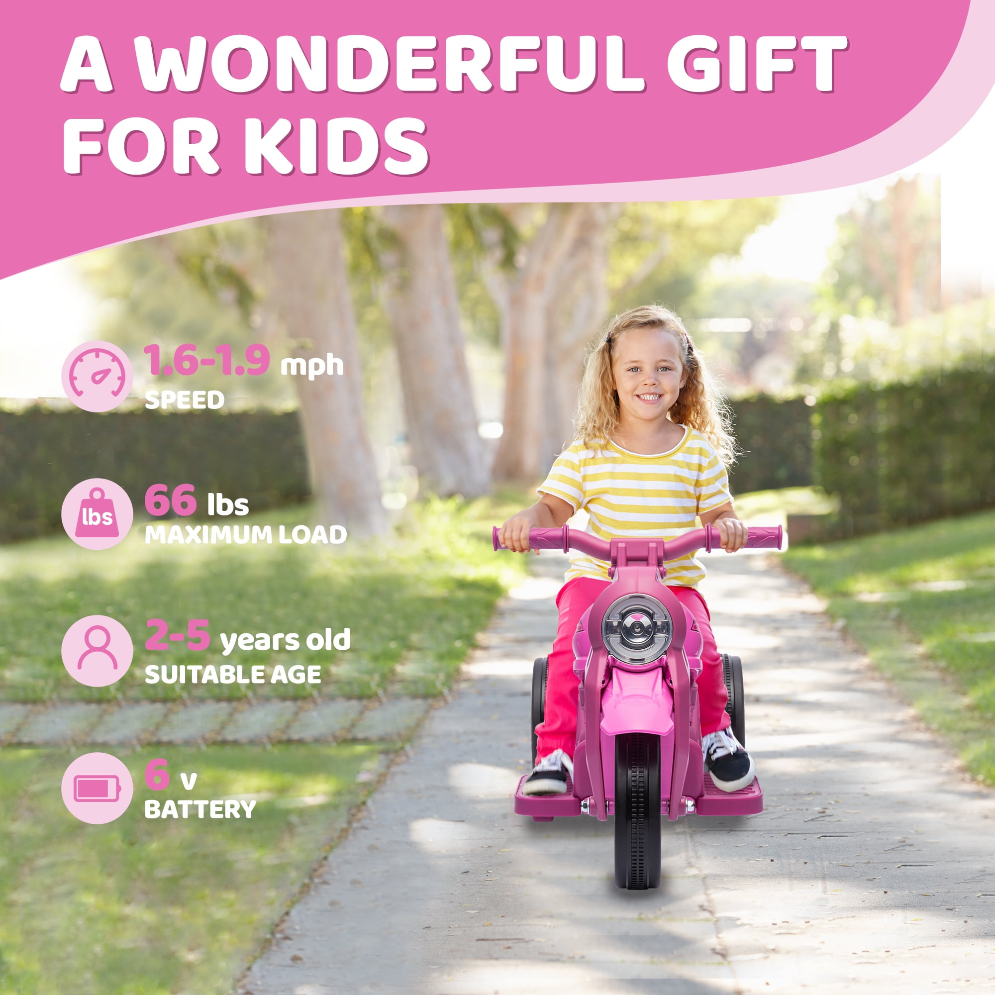 Qaba Ride on Motorcycle, 6V Ride on Bubble Car, 3 Wheeled 2 MPH Electric Motorcycle for Kids w/ LED Headlight, Music, Forward & Reserve, Pink