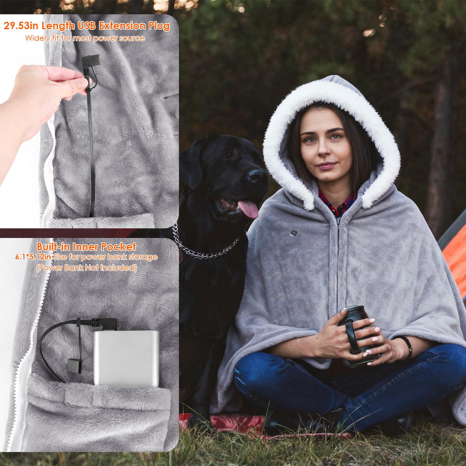 Imountek Wearable Heated Blanket with 8 Heating Zones, 3 Temperature Levels, Machine Washable Flannel, Portable USB Electric Heating Throw for Indoor Outdoor Use, Beige
