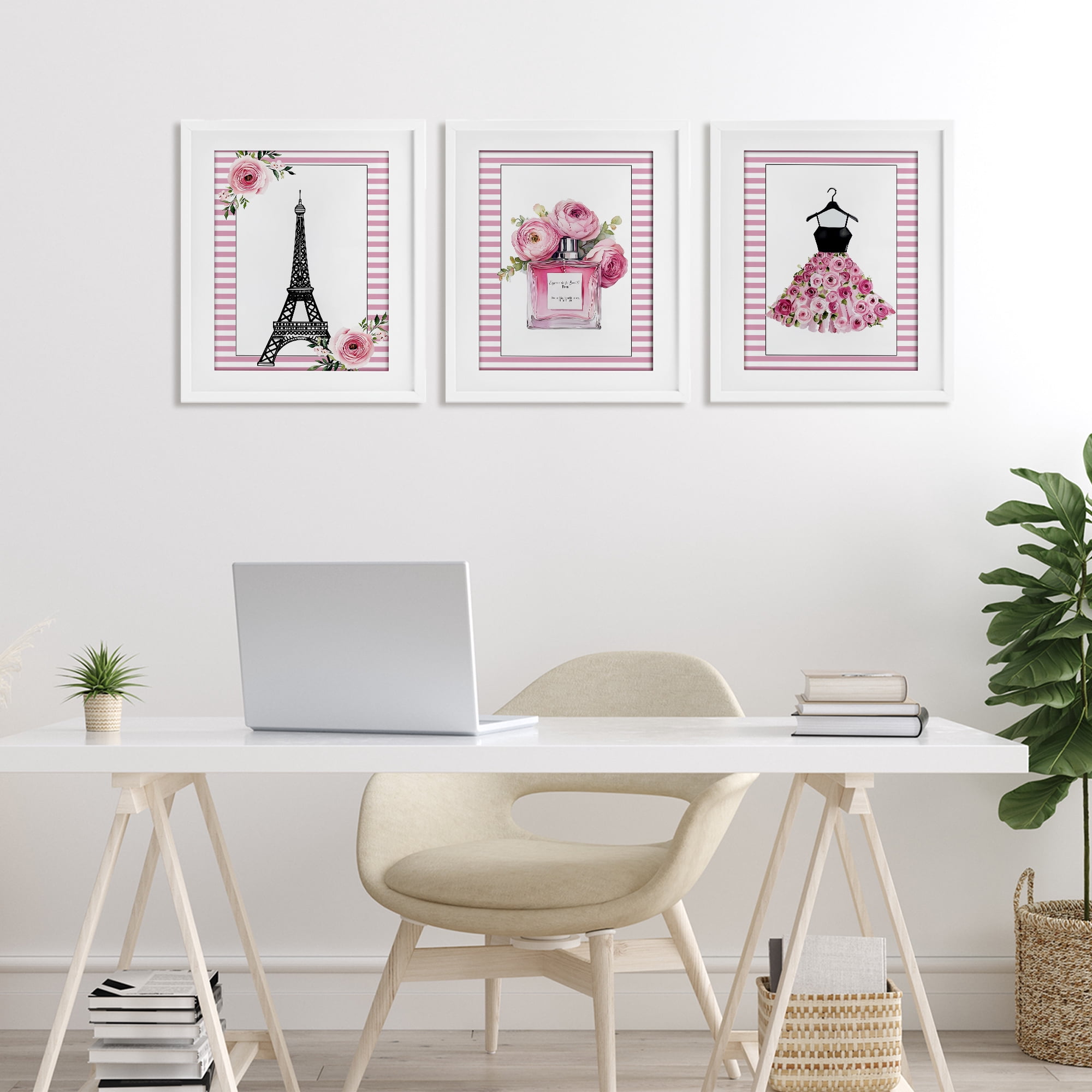 Parisian Glam with Stripes 3 Piece White Framed Print Under Glass Set, design by Christine Simpson Art