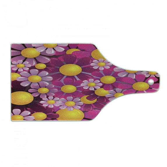 Abstract Cutting Board, Flowers Cartoon Summer Garden Happy Cheering Flourish Vibrant Display, Tempered Glass Cutting and Serving Board, Wine Bottle Shape, Hot Pink Lilac Orange, by Ambesonne