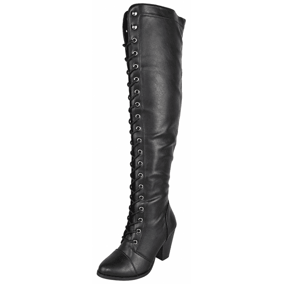 Forever Camila-48 Women's Lace Up Over The Knee Boots Stacked Block High Heel Side Zipper Thigh High Boots Black 6
